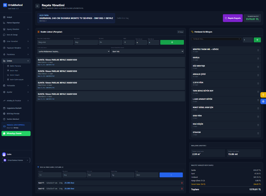 OrtakBarkod Üretim Reçete Ekranı